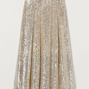 Mid-length sequined mesh with high waist. Concealed button with zip at back.